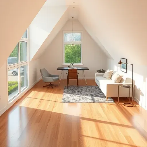 Spacious Tampa attic conversion with hardwood floors neutral walls modern decor cozy seating workspace lush greenery views