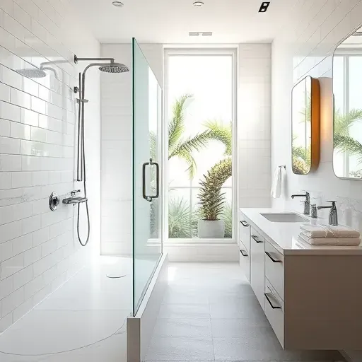 Renovated Tampa bathroom with modern chrome fixtures marble countertops white subway tile rain shower neutral floor tropical decor