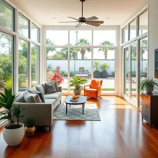 Bright Tampa sunroom addition with large glass windows, hardwood floors, modern furniture, lush landscaping, and seamless design.