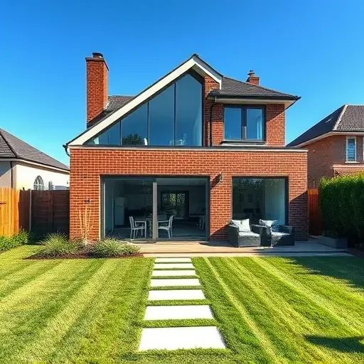 Newly built modern house extension in Tampa FL with large glass windows, brick and timber accents, landscaped yard, and stylish patio