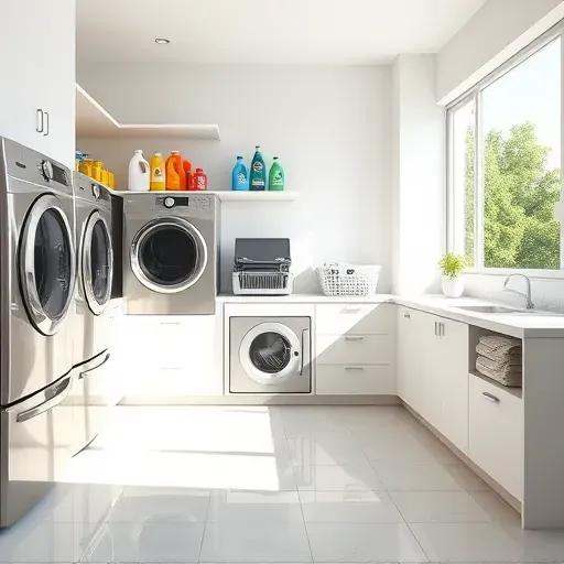 Modern Tampa laundry room with stainless steel appliances, folded laundry, vibrant detergent bottles, bright sunlight, and lush garden view