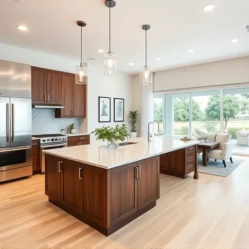 Modern kitchen remodel in Northdale FL featuring granite island, stainless steel appliances, and custom cabinetry.
