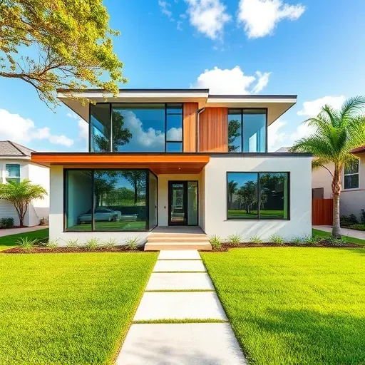 Modern home addition in Tampa featuring sleek architecture, large windows, neutral tones, and a landscaped entrance.