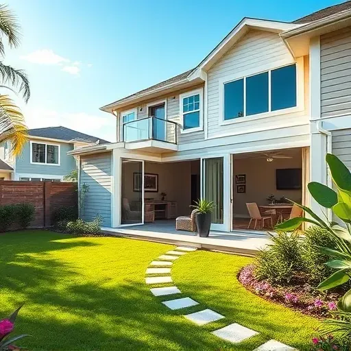 Recently added modern home extension in Tampa FL with glass sliding doors, lush landscaping, patio, and neighborhood backdrop