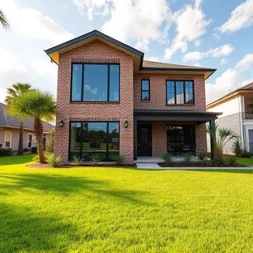 Modern Tampa home with a second-story addition, brick and siding exterior, large windows, lush lawn, and sunny Florida sky