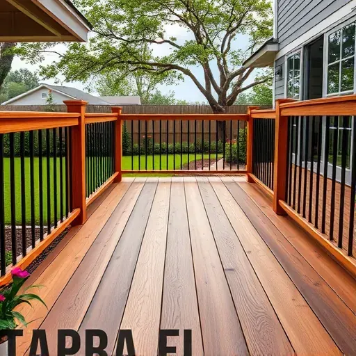 Completed Tampa deck with natural wood textures, sleek railings, outdoor lighting, lush greenery, and warm Florida sunlight