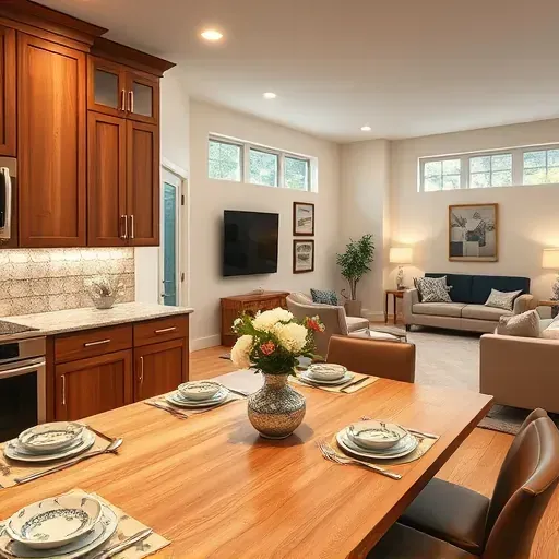 Renovated kitchen in Oldsmar FL with high-end finishes, polished granite, warm wood cabinets, and cozy dining area.