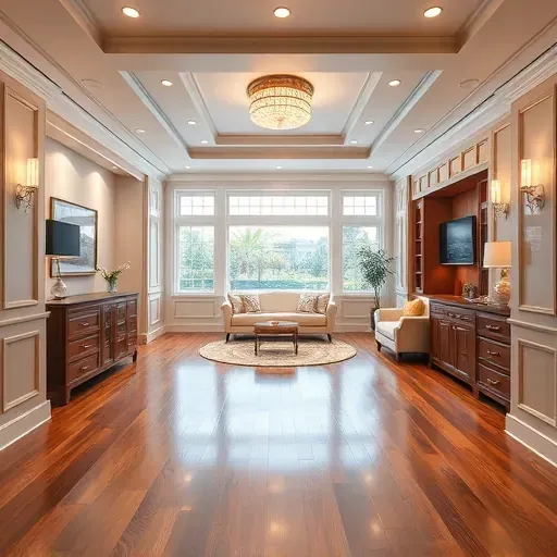 Beautiful finished Tampa basement with modern design, wood flooring, crown molding, plush seating, and coastal decor