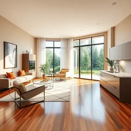 Renovated living room in Gulfport, FL with modern furnishings, hardwood floors, and natural light from large windows.