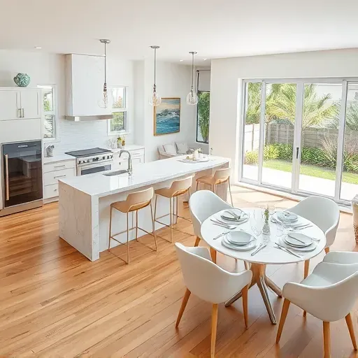 Modern remodeled kitchen and living area in South Tampa with white cabinetry, marble island, and natural light.