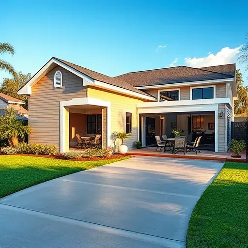 Modern home addition in Tampa with large windows, sleek siding, and elegant landscaping for inviting outdoor living.