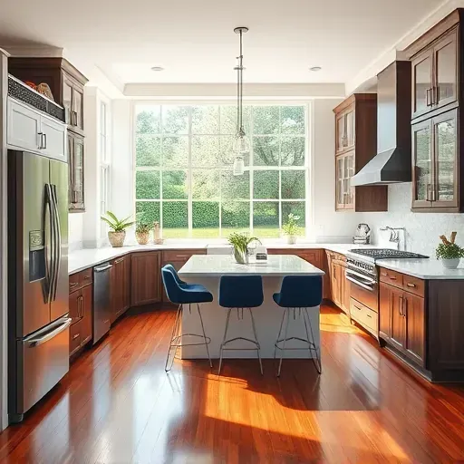 Modern Palm Harbor kitchen remodel with sleek appliances, quartz countertops, and elegant decor in a sunny, garden-view space.