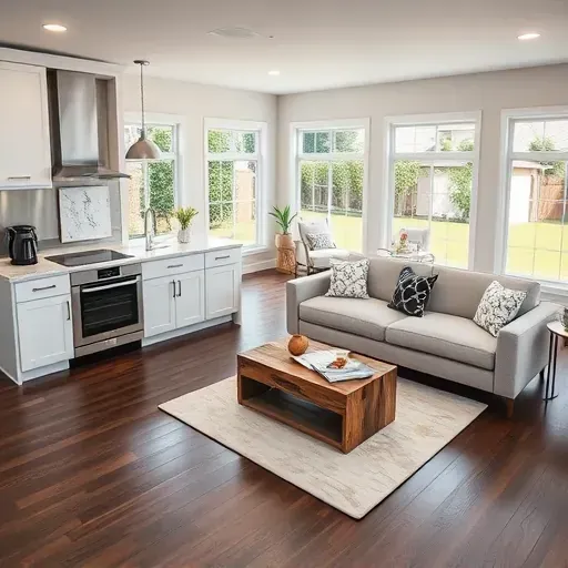 Modern kitchen and living room remodel in Seffner FL featuring soft white cabinetry, quartz counters, and dark hardwood floors.