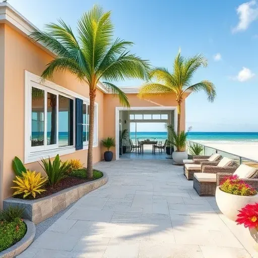 Coastal-style home remodel in Clearwater Beach features stucco walls, palm trees, and a scenic beachfront balcony.