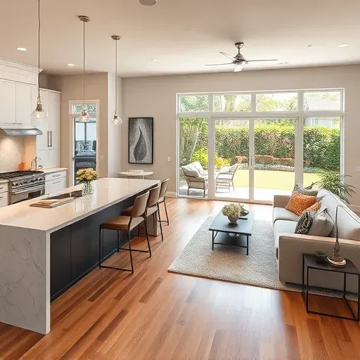 Modern remodeled kitchen in Treasure Island FL with elegant quartz countertops and cozy living room showcasing natural light.