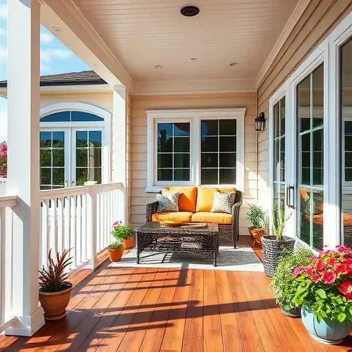 Beautiful Tampa porch with wooden flooring white railing colorful cushions wicker loveseat potted plants vibrant flowers greenery sunny bright outdoor space