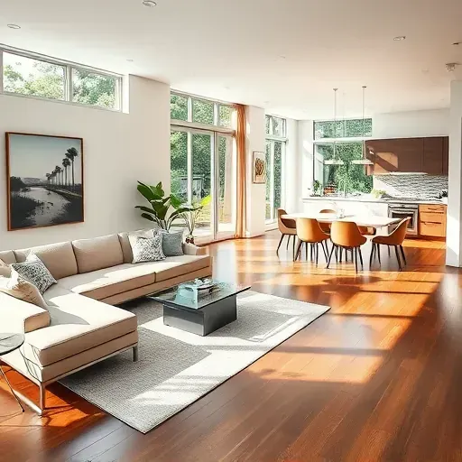 Modern living room in Safety Harbor, FL featuring sleek furniture, natural light, and sophisticated decor in a remodeled space.