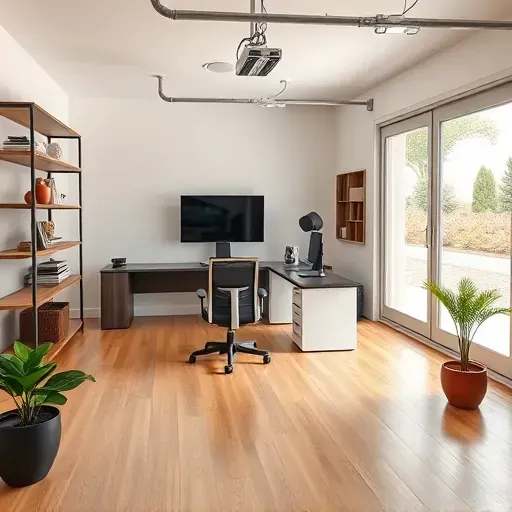 Modern Tampa home office in a renovated garage featuring sleek furniture, large monitor, natural light, and landscaped exterior
