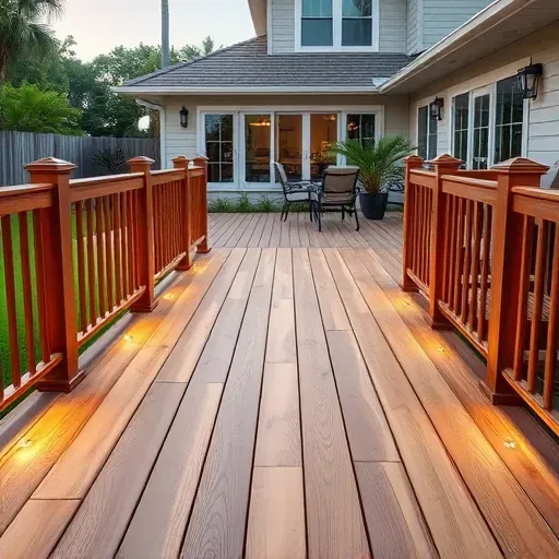 Freshly finished wooden deck in Tampa FL with LED lighting, lush backyard, modern house, highlighting craftsmanship and outdoor living