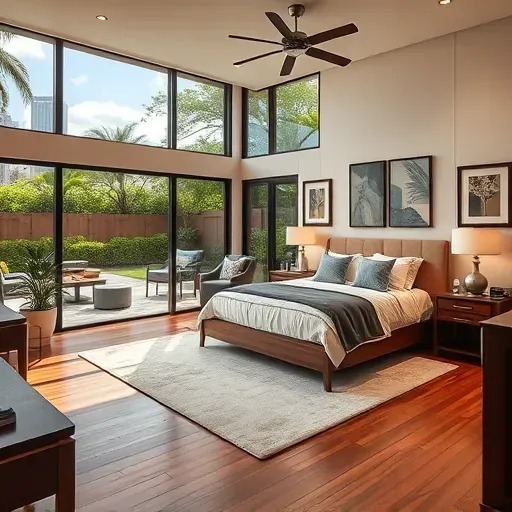 Spacious master suite in Tampa FL with large windows, luxurious king bed, tropical views, elegant decor, and outdoor patio