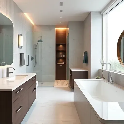 Modern renovated bathroom with walk-in shower, soaking tub, marble surfaces, sleek fixtures, and natural light.