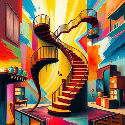 An abstract, expressionist scene featuring a grand, twisting staircase titled "Staircase Additions," spiraling upward through a vibrant, chaotic environment. The staircase is depicted with bold, sweeping brushstrokes and includes quirky extensions and landings that defy gravity, such as spiraling loops and whimsical jutting projections. The surrounding setting appears dreamlike and fragmented, with distorted furnishings, floating geometric shapes, and swirling backgrounds that enhance the surreal, chaotic mood. Bright, intense colors dominate the scene, including reds, electric blues, vivid yellows, and deep oranges, creating a lively and energetic atmosphere. Details like exaggerated shadows, dynamic perspectives, and textured brushstrokes evoke movement and emotional intensity. Playful elements include a winding ladder resembling a giant peacock feather and melting clock-shaped stair landings, adding humor and surreal charm. The background features streaks of contrasting colors and bold lines, suggesting a tumultuous but uplifting sky, emphasizing creative expansion, limitless possibilities, and imaginative architectural transformation in a lively, expressive style.