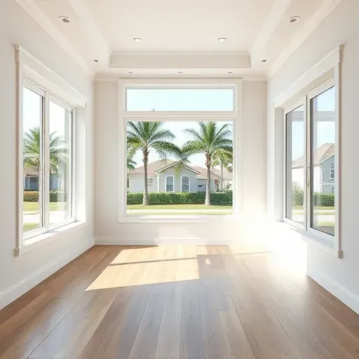 Finished modern Tampa home room addition with large windows, hardwood floors, tropical greenery outside, and stylish neutral walls