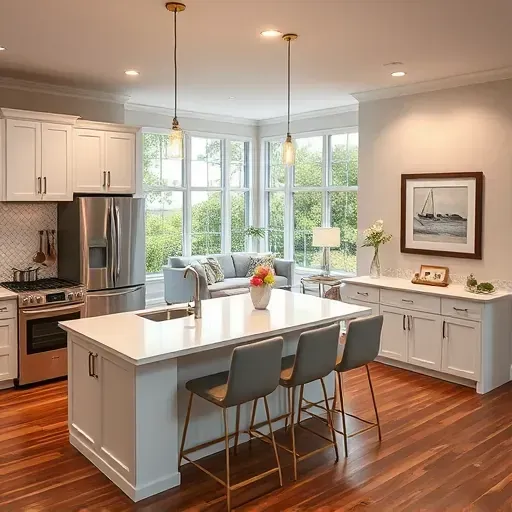 Modern kitchen remodel in St. Petersburg, FL, with white cabinetry, stainless appliances, quartz island, and coastal decor.