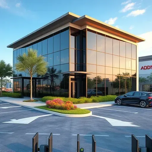 Modern commercial office building in Tampa FL with glass facades landscaped entrance paved parking blue sky
