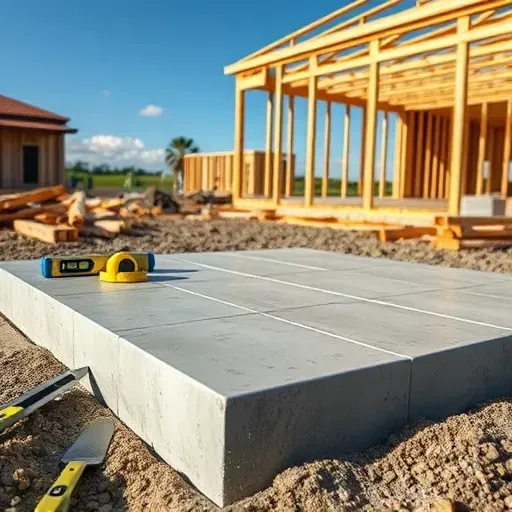 Meticulously finished concrete foundation with tools and construction site in Tampa Florida showing precision and craftsmanship