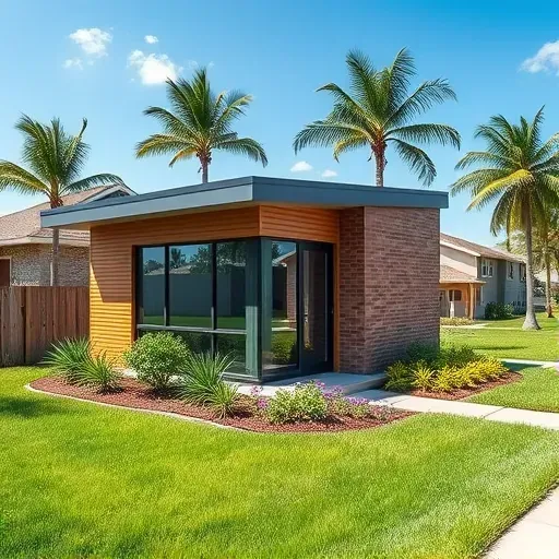 Beautiful modern ADU in Tampa FL with brick, siding, large windows, lush landscaping, palm trees, sunny sky