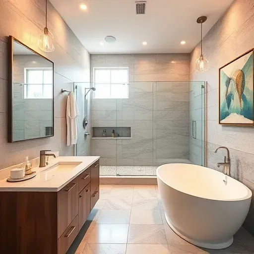 Renovated Tampa bathroom with modern fixtures, walk-in shower, freestanding tub, custom tiles, and coastal decor