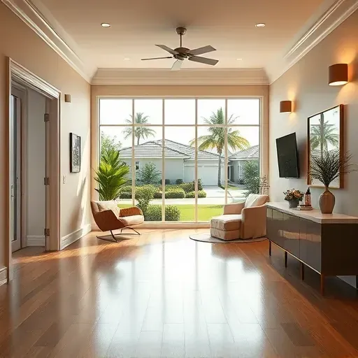 Beautiful modern Tampa room addition with large windows, sleek flooring, stylish finishes, and lush suburban exterior views