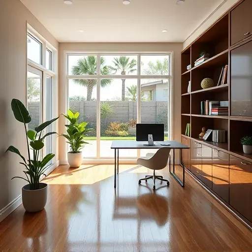 Modern home office in Tampa with large windows, natural light, wooden floors, contemporary furniture, lush plants, and backyard view