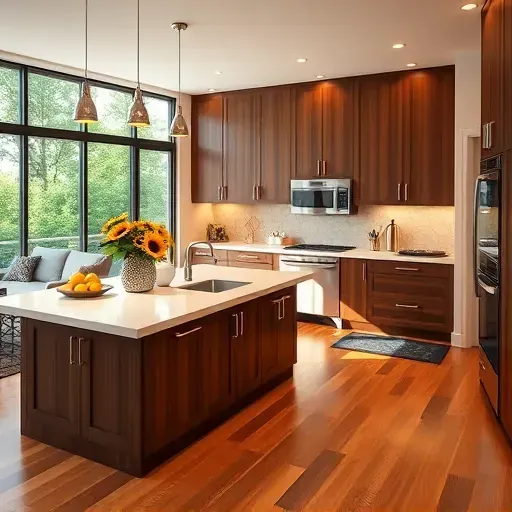 Modern kitchen in Palm Harbor, FL with walnut cabinetry, quartz island, and inviting living area filled with natural light.