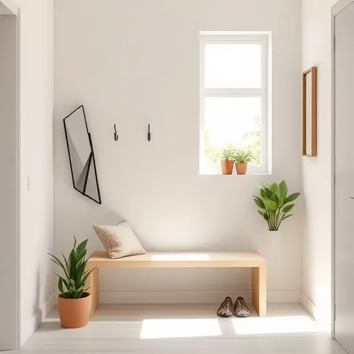 A modern minimalist entryway featuring geometric wall hooks and a streamlined storage bench with clean lines and subtle shadows. The neutral-toned background wall is in soft beige or muted gray, accented by minimalist plant pots with lush greenery. Quirky, asymmetrical mirror shaped like a folded paper plane or abstract frame adds personality, while decorative objects like a stack of colorful mail and patterned slippers enhance charm. The bright hallway is filled with natural light streaming through a simple window, creating a warm, inviting atmosphere. The color palette includes soft taupes, pastel blues, and leafy greens, evoking a serene, sophisticated vibe. The art style emphasizes negative space, clean forms, and subtle textures, highlighting functional elegance and curated style in an inviting, well-designed entryway.