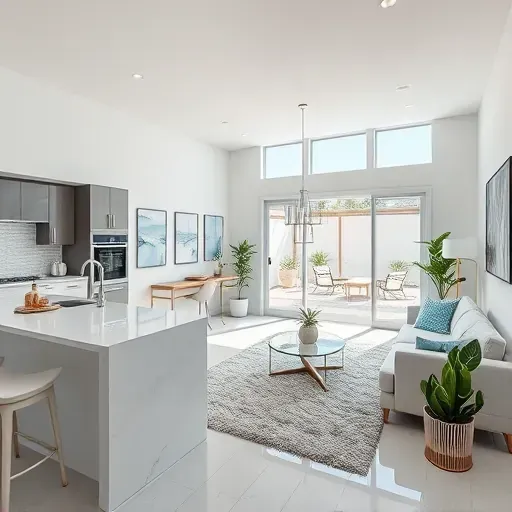 Modern open-concept living space in Pinellas Park FL with neutral tones, coastal accents, and bright natural light.