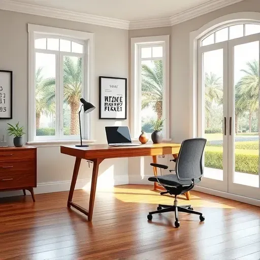 Modern Tampa home office addition with natural light, lush greenery, minimalist desk, wooden floors, and stylish decor