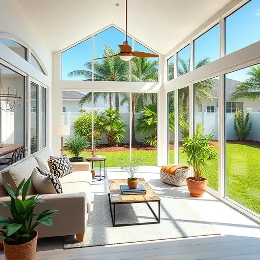Sunroom addition in Tampa with large glass windows, modern furniture, lush landscaping, and a bright, inviting atmosphere