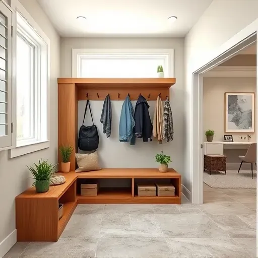 Beautiful Tampa mudroom with custom wood cabinetry, stone flooring, organized hooks, large window, and lush plants