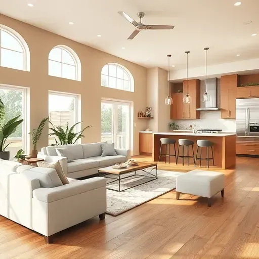 Modern open-concept living room and kitchen in Northdale FL, featuring stylish decor, natural light, and high-end finishes.