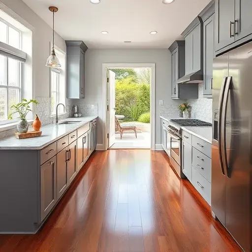 Renovated kitchen in Oldsmar, FL featuring gray cabinetry, stainless steel appliances, and quartz countertops.