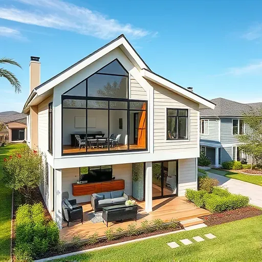 Modern home addition in Tampa features spacious living area, large windows, stylish décor, and manicured landscaping.