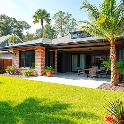 New home addition in Tampa FL featuring a modern backyard with lush landscaping and sleek architectural details.