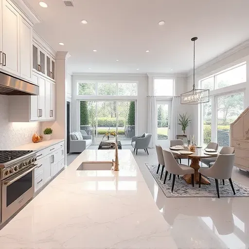 Home remodeling in Oldsmar FL features a modern kitchen with marble countertops, custom cabinetry, and bright lighting.