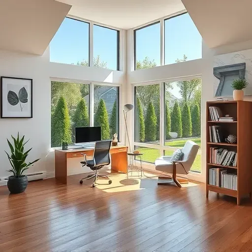 Modern Tampa home office with large windows, stylish furniture, hardwood floors, plants, and lush outdoor views