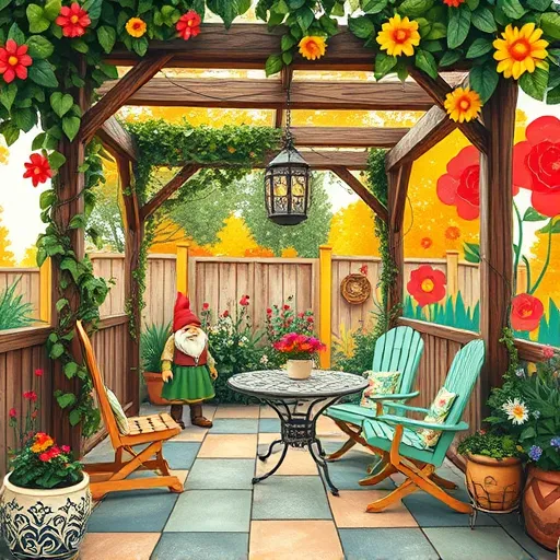 A colorful FolkArt-style illustration of a cozy outdoor patio enclosure featuring rustic wooden frames wrapped in lush, blooming vines and vibrant flowering plants. The enclosure panels are decorated with hand-painted patterns, intricate motifs, swirling vines, and stylized leaves, adding warmth and craftsmanship. Hanging from the wooden beams are decorative lanterns emitting a soft glow, creating a welcoming evening ambiance. Scattered across the patio are quirky, handcrafted outdoor furniture—such as a vintage wrought iron table with floral cushions and mismatched chairs painted in cheerful colors like coral, mint, and sunflower yellow. Whimsical elements include tiny fairy lights threaded through the vines and a cheerful garden gnome peeking from behind a potted plant. The background depicts a sunny, lush garden with oversized stylized flowers and abstract trees in vivid turquoise, warm reds, and sunny oranges. The scene exudes handcrafted folk warmth, blending rustic charm with playful artistic detail, perfect for a blog cover on inviting patio enclosures and outdoor retreats.