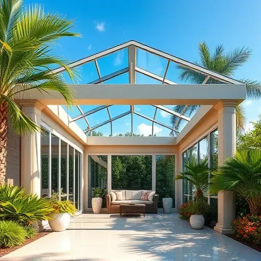 Beautiful completed patio enclosure in Tampa FL with glass roof, lush tropical landscaping, outdoor furniture, and Florida sunshine