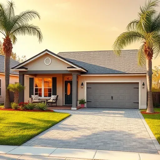 Charming suburban house in Holiday FL with beige exterior, dark shutters, and vibrant flowers in a sunny setting.