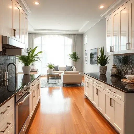 Renovated kitchen in Carrollwood, FL with white cabinetry, dark granite, stainless steel appliances, and natural light.